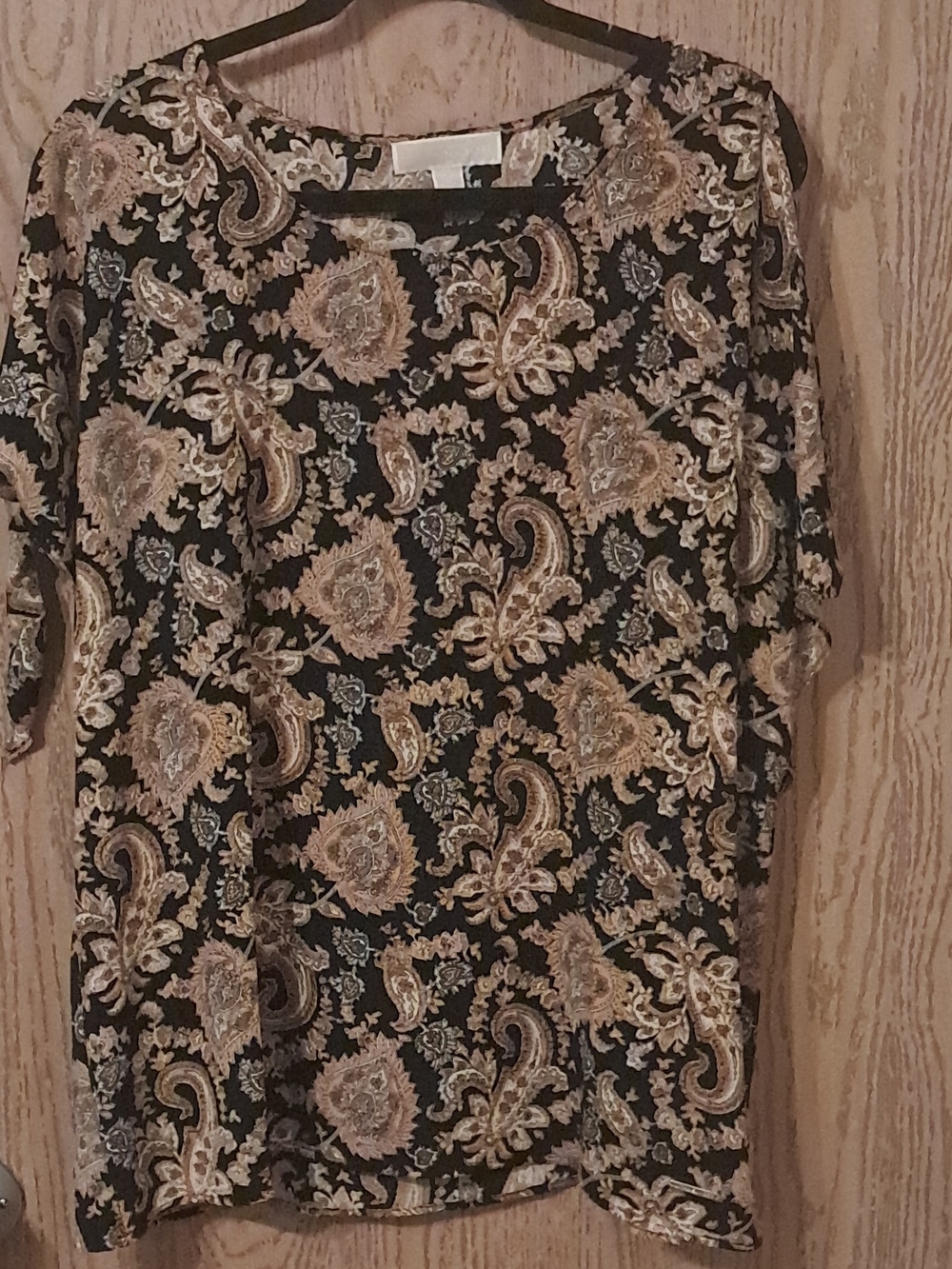Michael Kors Black Paisley Short Sleeve Top with Tan Accents XL